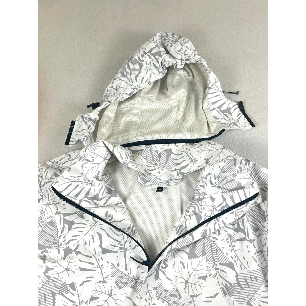 Explore S Windbreaker Kids Size M Grey White Tropical Leaf Print Rain Jacket